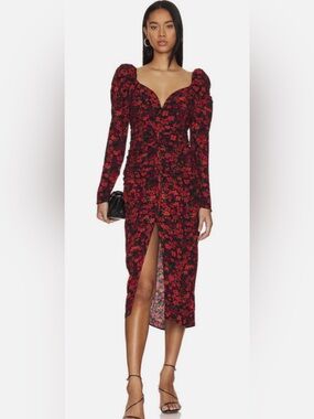 ASTR the Label Jamila midi dress sweetheart neckline long sleeve evening L